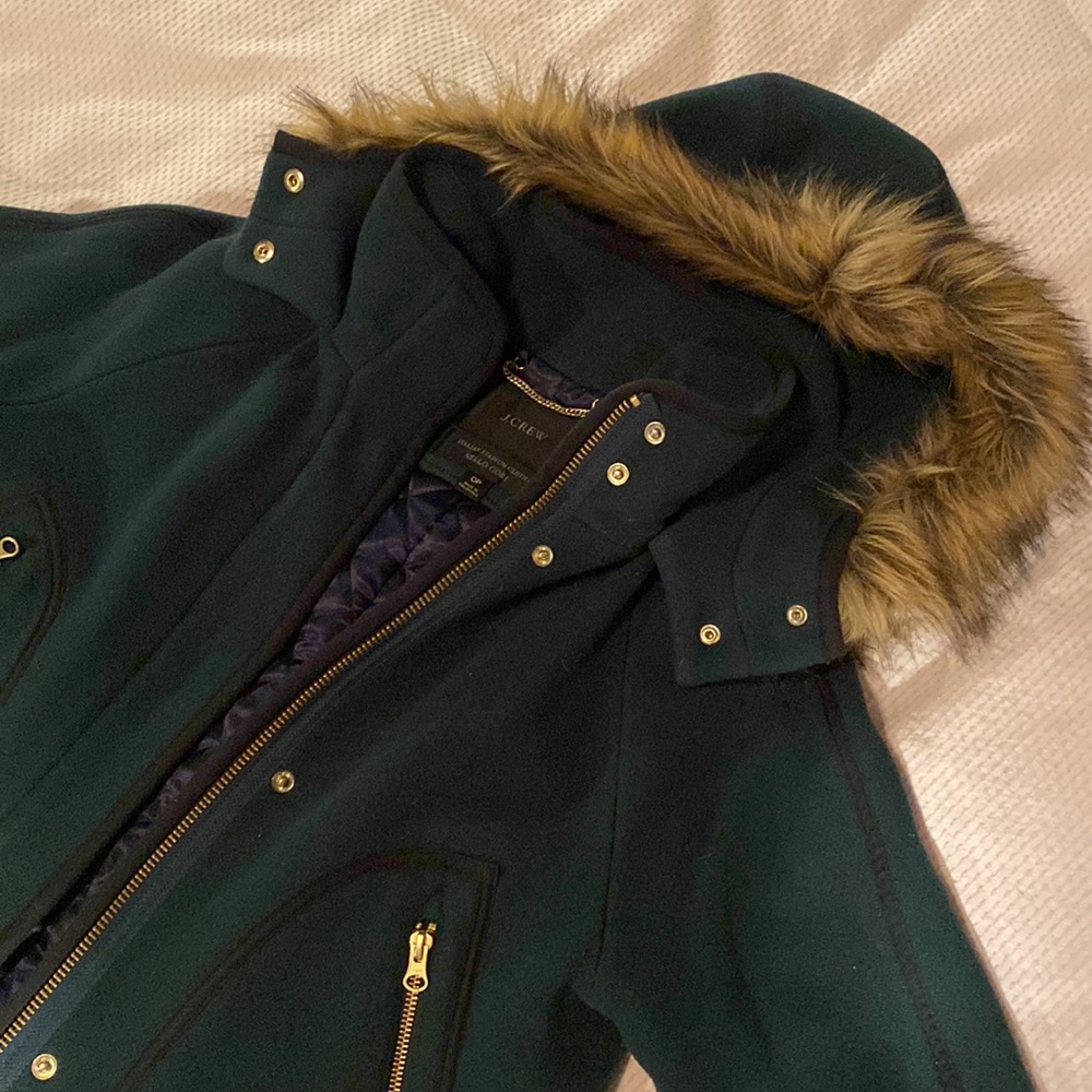 J. CREW Chateau Parka In Italian Stadium Cloth Wool Hooded Coat Sz 0P, green 🌿